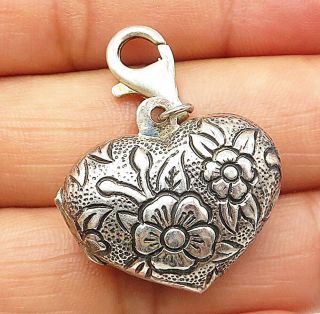 925 Silver - Vintage Floral Etched Love Heart Locket Pendant (opens) - P6232