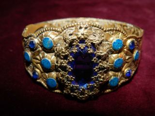 Vintage Art Deco Czech Cobalt Glass Brass Filigree Bracelet 1930 