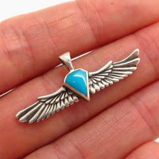 Old Pawn Vintage 925 Sterling Silver Turquoise Gemstone Feather Tribal Pendant