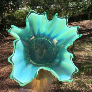 Vtg Fostoria Green Blue Art Glass Heirloom Vase Candy Bowl Opalescent