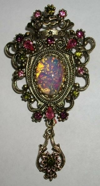 3 " Vintage Crown Pin Pendant / Sarah Coventry / Contessa / Opal / Rhinestones