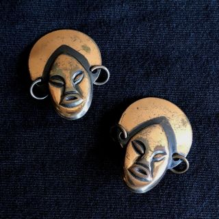 Vintage Mid Century Modern Copper African Tribal Face Mask Clip - On Earrings