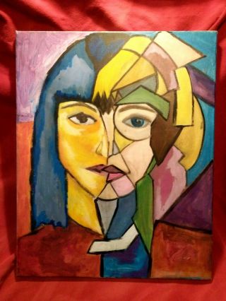 Vintage Picasso Style Painting Abstract Cubist Cubism Portrait Face Head Mod