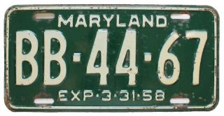 Vintage Maryland 1957 - 1958 License Plate,  Bb - 44 - 67
