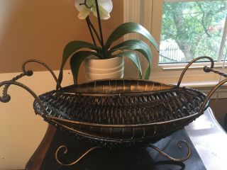 Vintage Rustic Woven Oval Table Basket Wrought Iron Handles Footed 16 X 7 X 7