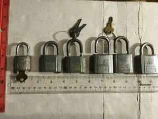 6 Vintage Old Chicago Lock Co.  Early Pin Tumbler Padlocks,  1 Small,  5 Med,  Grey