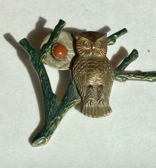 Vintage Mid Century Owl Figural Brooch/pin Brass Pewter Bloodstone Cabochon