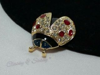 Vintage Gold Roman Lady Bug Rhinestone Red Black Blue Enamel Brooch Pin Adorable