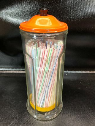 Vtg Gemco Soda Fountain Straw Dispenser Holder Orange Lid & Glass 11 " Tall