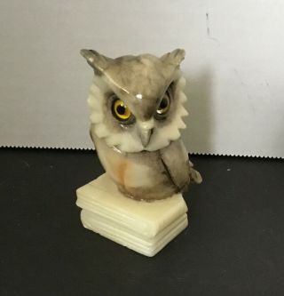 Vintage Alabaster Marble Stone Owl On Books Carved Figure Glass Eyes 3 " Italy