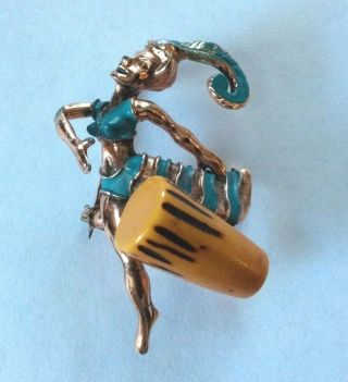 Vintage Goldtone Enamel Pin Bakelite Woman Conga Drum Music