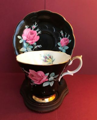 Vintage Royal Albert Bone China Pink Roses On Black Tea Cup & Saucer Gold Trim