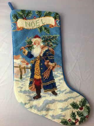 Needlepoint By Hand Embroidered Christmas Stocking Vintage Wool / Velvet Noel
