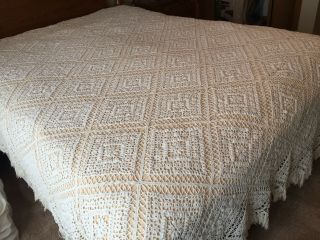 Vintage Rose Hand Crocheted Cotton Bedspread Off White Cotton Full/queen Exc