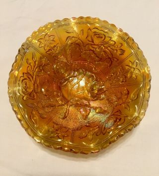 Imperial OPEN ROSE Marigold Carnival Glass Small Fluted Edge Bowl 5 1/2” Vintage 2