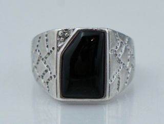 Vintage Sterling Silver Black Onyx Diamond Ring Sz 8 Diamond