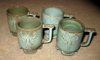 4 Vintage Prairie Green Frankoma Pottery Louisiana Crawfish Demitasse Cups Mugs