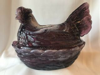 Vintage Large Hen On Nest Purple Slag Glass Split Tail Covered Dish