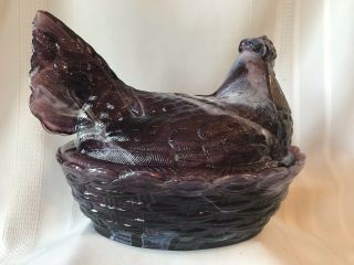 Vintage Large Hen On Nest Purple Slag Glass Split Tail Covered Dish 2