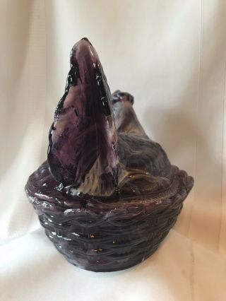 Vintage Large Hen On Nest Purple Slag Glass Split Tail Covered Dish 3