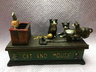 Euc Vintage Cast Iron Mechanical Cat And Mouse Bank