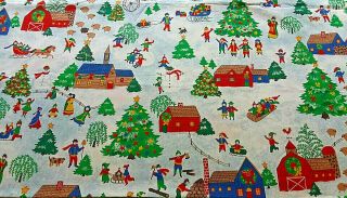 Vintage Country Christmas Trees Kids Snow Sledding Scene Cotton Fabric 62 " X 42