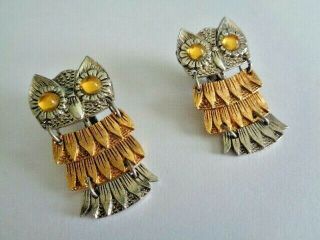 Vintage Park Lane Articulated Owl Dangle Clip On Earrings Silver / Amber / Gold