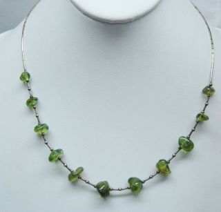 Estate Vintage Sterling Silver Necklace With Peridot And Liquid Silver 617 - J