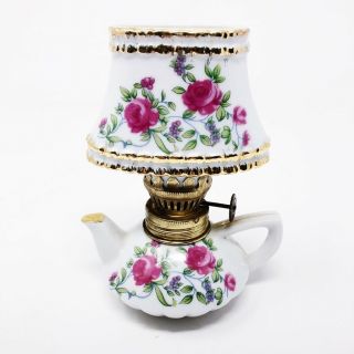 Vintage Miniature Oil Lamp Porcelain Teapot Floral Design Japan