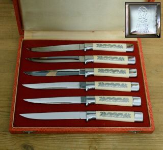 Vintage Set Of 6 X Othello Solingen German Steak Knives - Inlaid Stag Handles