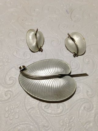 Norway Edelmetall Set Modernist White Enamel Brooch Pin Clip Earrings 925s Vtg