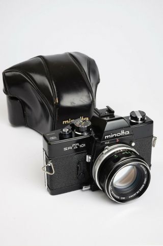 Rare Black Paint Minolta Srt - 101 Slr Camera W/ Prime Lens & Leather Case