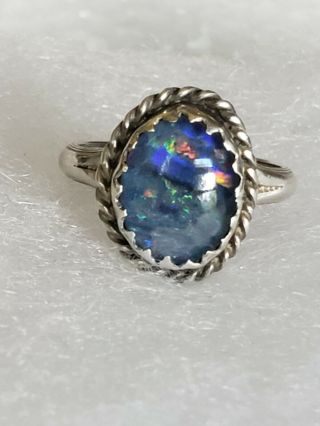 Vintage Navajo / Zuni? Sterling Black Opal Child Infant Pinky Ring Signed