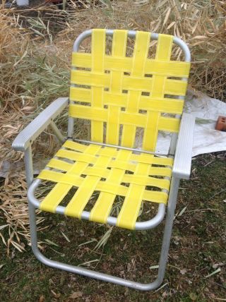 Vintage Aluminum Folding Lawn Chair Yellow Webbed Mid Century Cabin Beach Camp