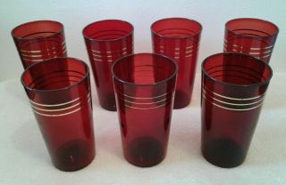 Vintage Ruby Red Gold Bands Juice Glasses Set Of 7 Euc