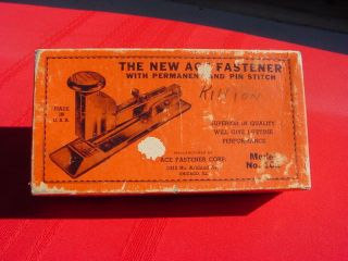 Vintage " The Ace Fastener/stapler " With Box Permanent & Pin Stitch