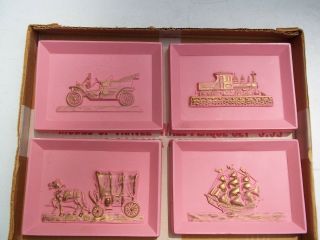 Vintage 4 Pc Pink Chalkware Modes Of Travel Wall Plaque Set With Box