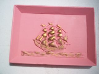 Vintage 4 pc pink chalkware modes of travel wall plaque set With Box 3