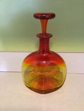 Vintage Blenko Red / Yellow Glass Vase With Stopper
