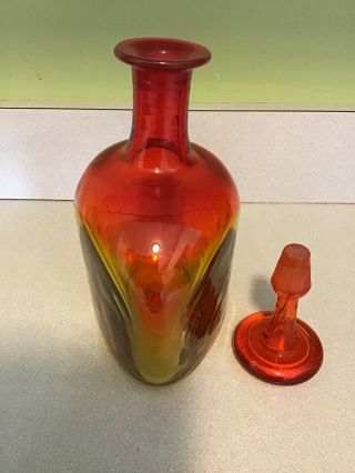 Vintage Blenko Red / Yellow Glass Vase With Stopper 2