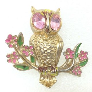 Signed Coro Patent Pend Vintage Owl Brooch Pin Big Rhinestone Eyes Enamel Figure