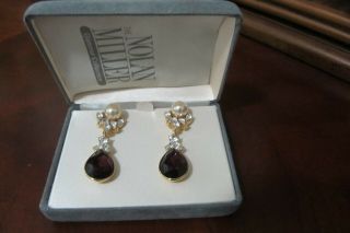 Vintage Nolan Miller Pearl,  Crystal And Purple Stone Pendant Earrings - 2 " Long