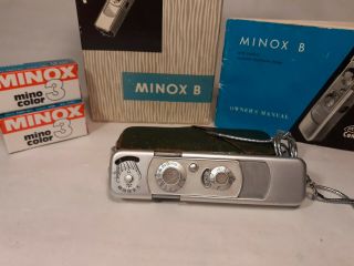 Minox B Film Camera Chain Green Case 2 Rolls Film Instrutions,  Box