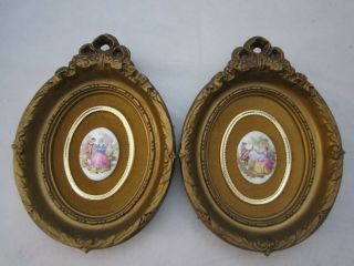 2 Vintage Limoges Porcelain Cameo Couple Oval Gold Plastic Frame & Velvet 5x6.  5 "