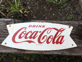 Vintage Porcelain Coca - Cola Fishtail Logo Advertising Soda Sign