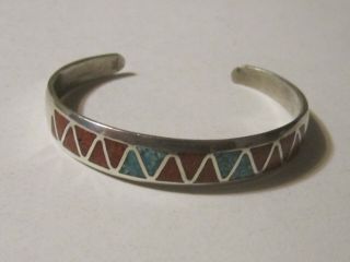 Vintage Sterling Silver Cuff Bracelet With Coral And Turquoise Chip Inlay