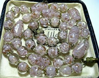 Vintage Art Deco Pink Venetian Murano Glass Beads Necklace Sommerso Gold Foiled