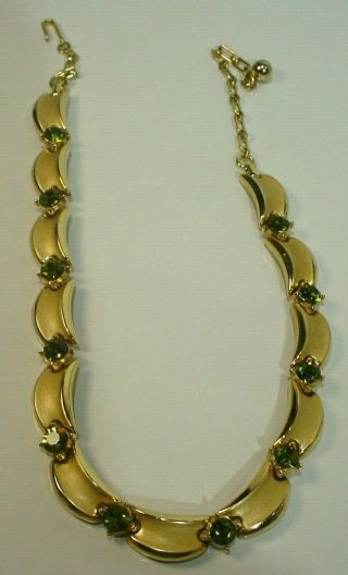 Vintage Trifari Goldtone & Green Rhinestone Choker Necklace