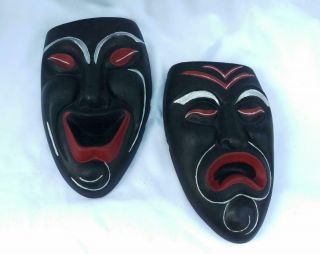 Comedy Tragedy Set Happy Sad Wallpocket Masks Wall Decor Vintage Chalkware