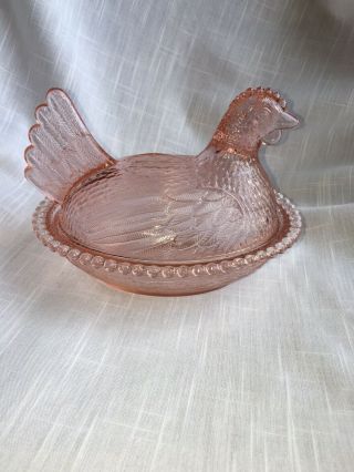 Vintage Pink Depression Glass Rooster Or Chicken Candy Dish